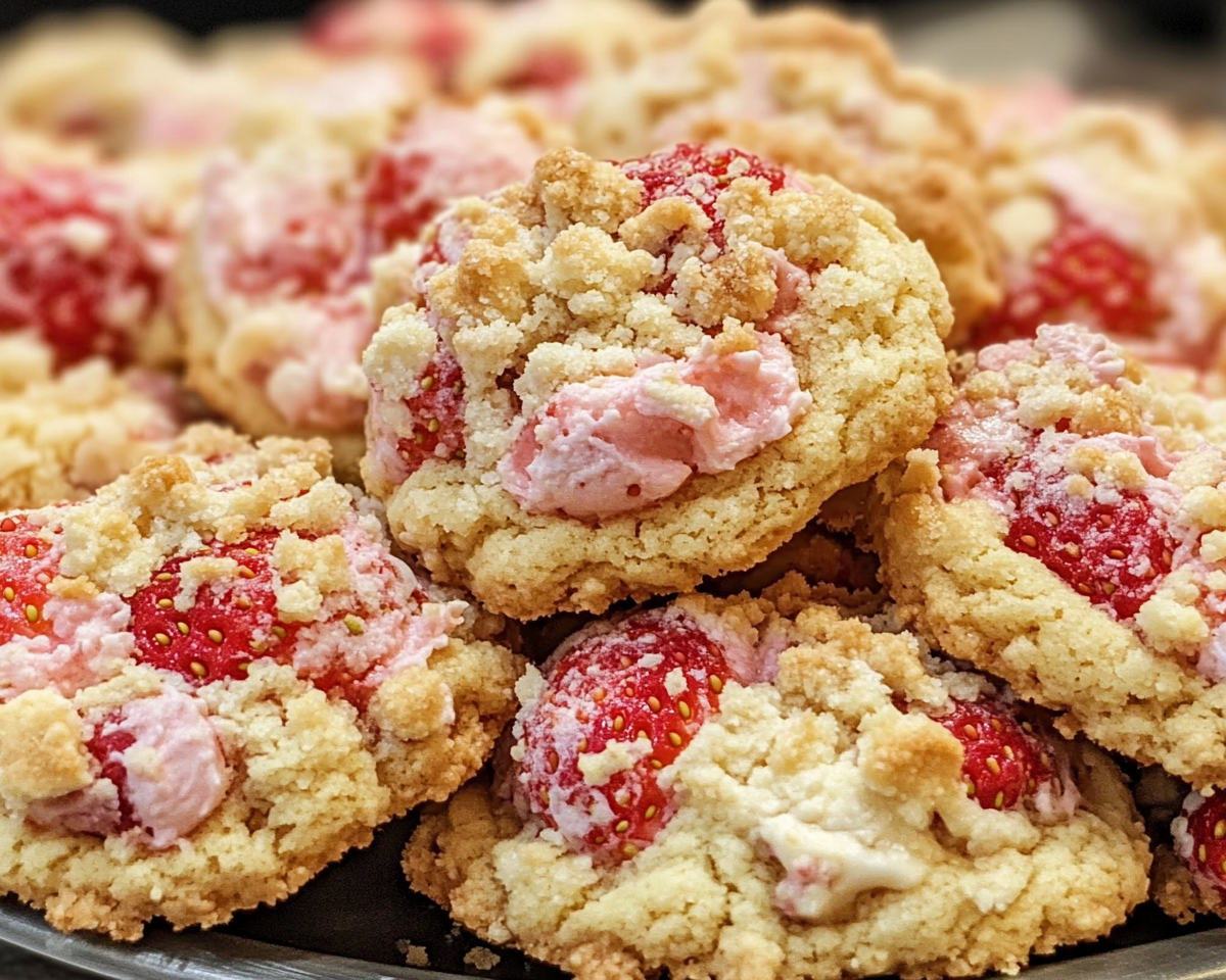 strawberry crumble cookies, cream cheese cookies with strawberry, strawberry cookies recipe, crumble topping cookies, strawberry cream cheese dessert