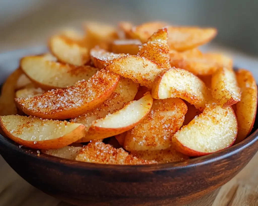 air fryer apple slices, cinnamon sugar apple fries, healthy apple snack, crispy apple wedges, air-fried apple dessert, apple fries with dipping sauce