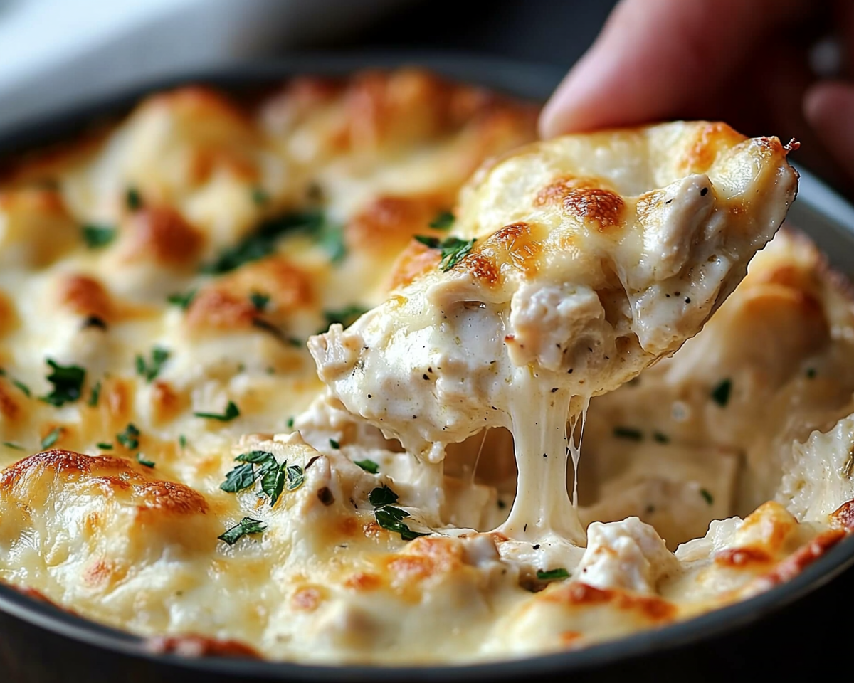 cheesy chicken dip, Alfredo chicken dip, creamy Alfredo dip, chicken appetizer recipe, cheesy party dip, chicken Alfredo snack