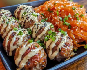 Korean meatballs, BBQ meatball recipe, spicy mayo dip recipe, Asian-style meatballs, gochujang meatballs, Korean appetizer recipe