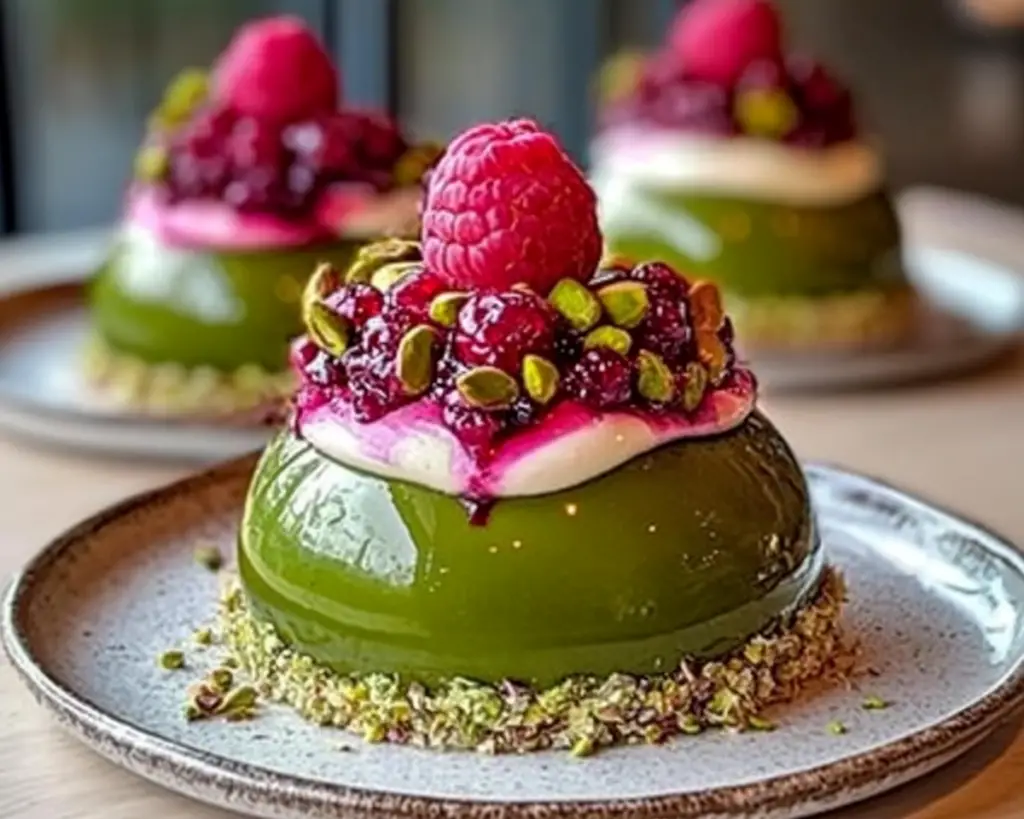 pistachio cheesecake domes, raspberry cheesecake dessert, dome-shaped cheesecake recipe, elegant dessert ideas, pistachio raspberry dessert, cheesecake dome recipes