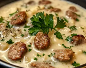 sausage Alfredo soup, creamy Alfredo sausage soup, sausage and spinach Alfredo soup, Italian sausage soup, rich Alfredo soup, hearty creamy sausage soup