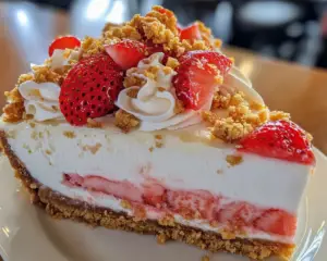 strawberry shortcake cheesecake, no-bake strawberry cheesecake, strawberry crunch dessert, creamy strawberry cheesecake, strawberry cookie crust cheesecake