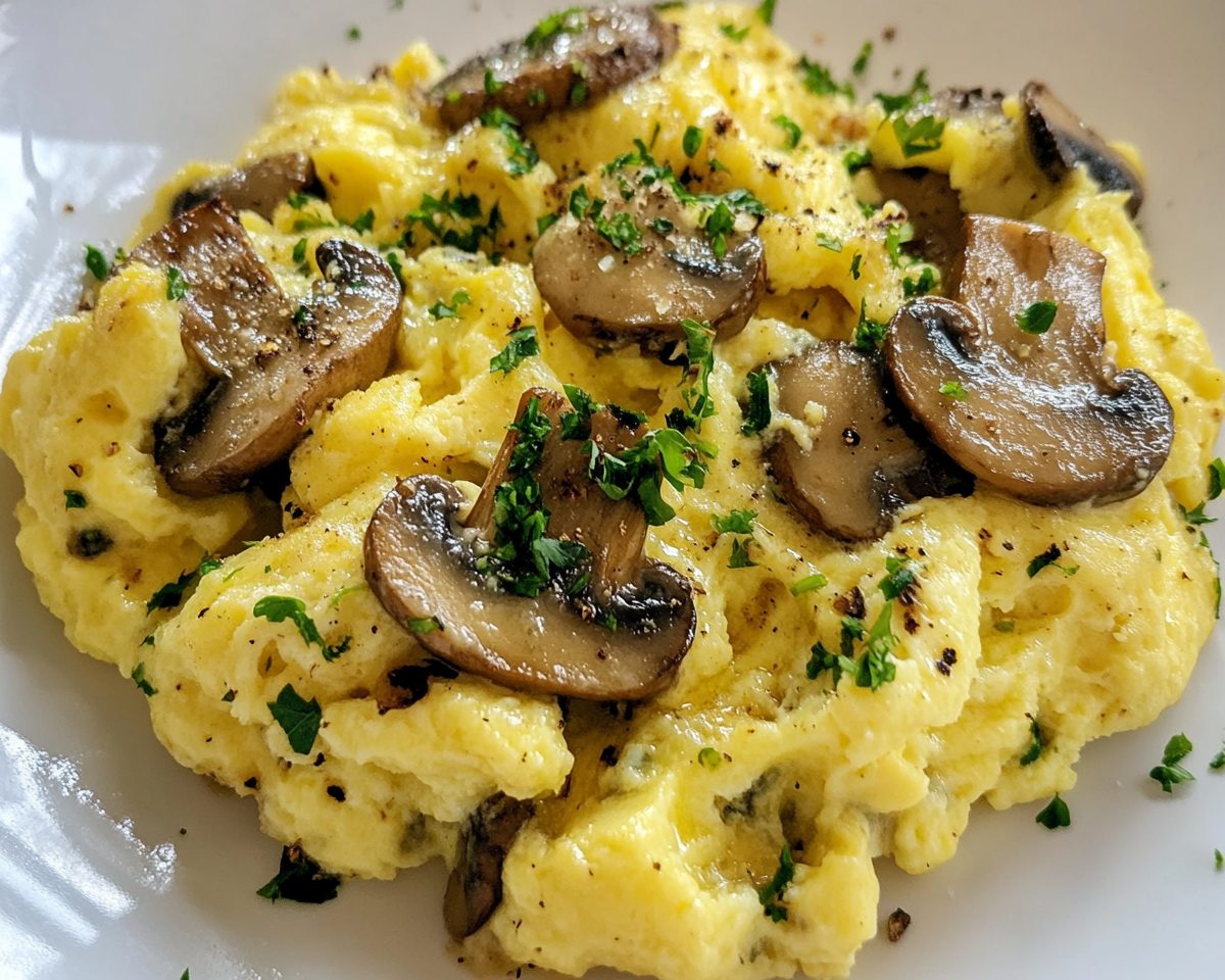 mushroom scrambled eggs, scrambled eggs and mushrooms recipe, mushroom and egg breakfast, easy scrambled eggs, mushroom egg skillet