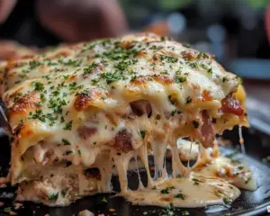 turkey bacon lasagna recipe, garlic parmesan lasagna, cheeseburger lasagna with turkey, comfort food lasagna, creamy turkey bacon casserole, cheeseburger-inspired lasagna