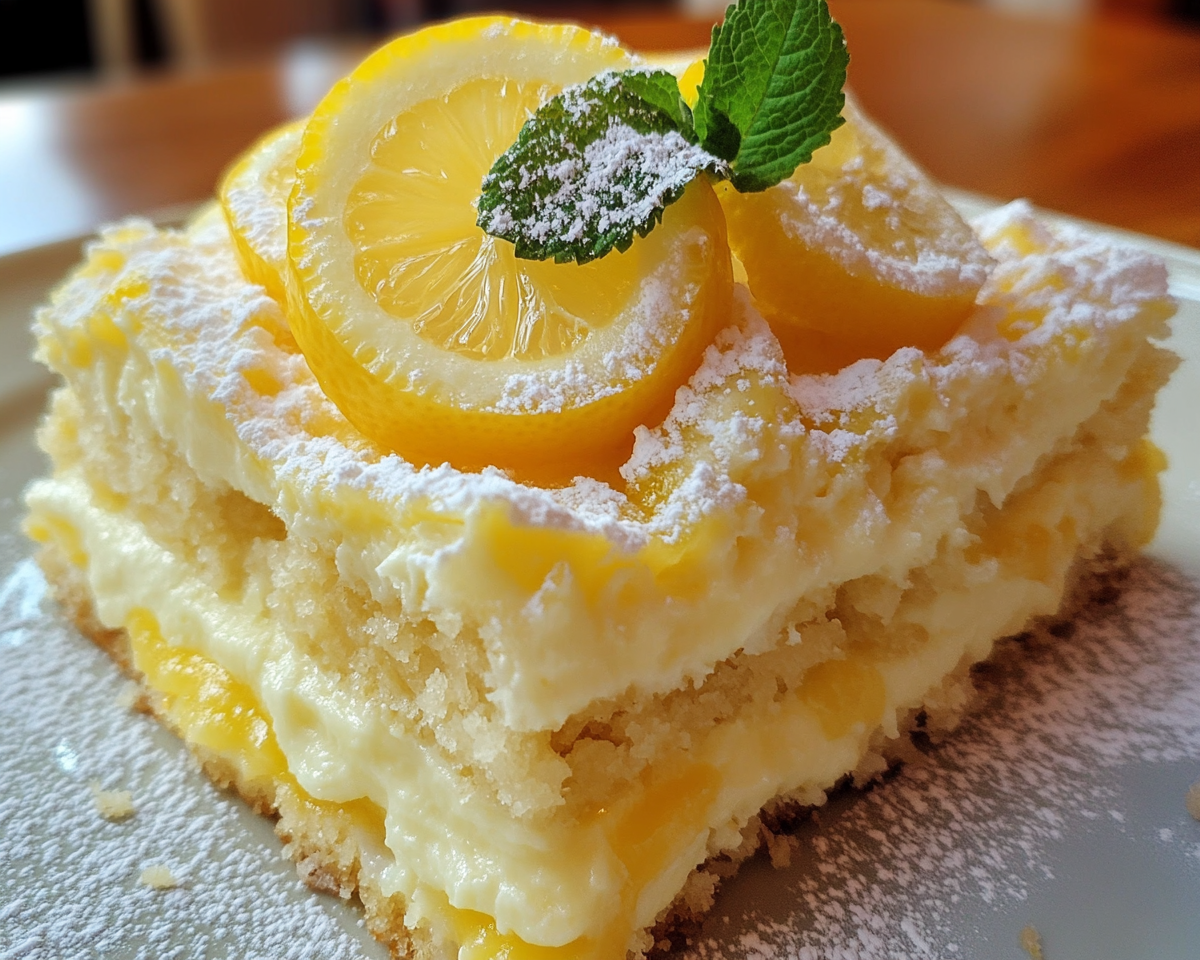 lemon dessert lasagna, lemon layered cake, creamy lemon cake, tangy lemon lush, no-bake lemon cake, layered lemon delight