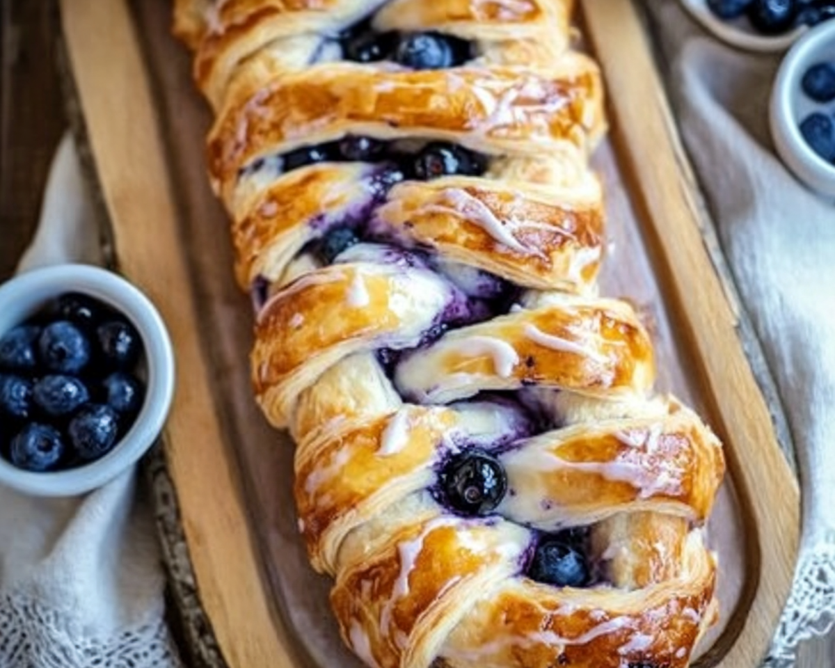 blueberry cream pastry, cream cheese braid, braided puff pastry, blueberry dessert recipe, easy pastry braid recipe, blueberry brunch pastry