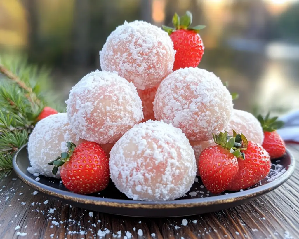 strawberry cookies recipe, festive snowball cookies, strawberry shortbread cookies, freeze-dried strawberry cookies, holiday snowball cookies