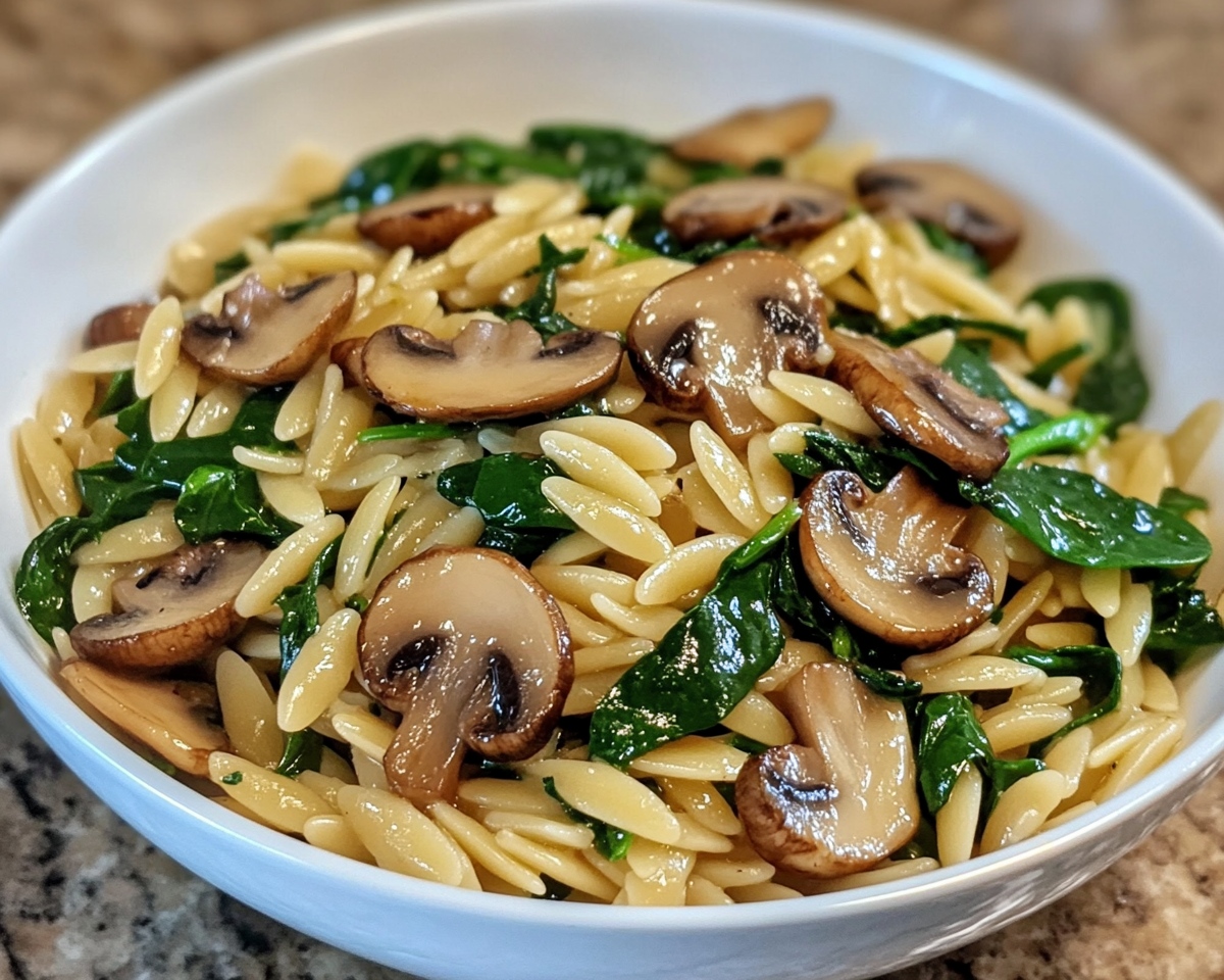 mushroom spinach orzo, creamy orzo recipe, one-pot spinach orzo, vegetarian orzo pasta, mushroom pasta with spinach