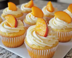 peach cupcakes with cream cheese frosting, honey peach dessert, cream cheese peach cupcakes, summer peach cupcakes, tangy peach treats