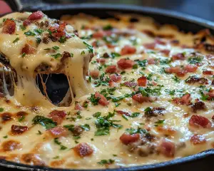 turkey bacon queso dip, cheeseburger queso dip, creamy bacon cheese dip, party queso dip, game day dip recipe, bacon and turkey cheese dip