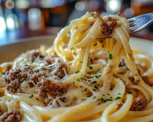 Garlic butter pasta with beef, cheesy linguine recipe, garlic linguine with ground beef, creamy beef linguine, pasta with garlic butter sauce