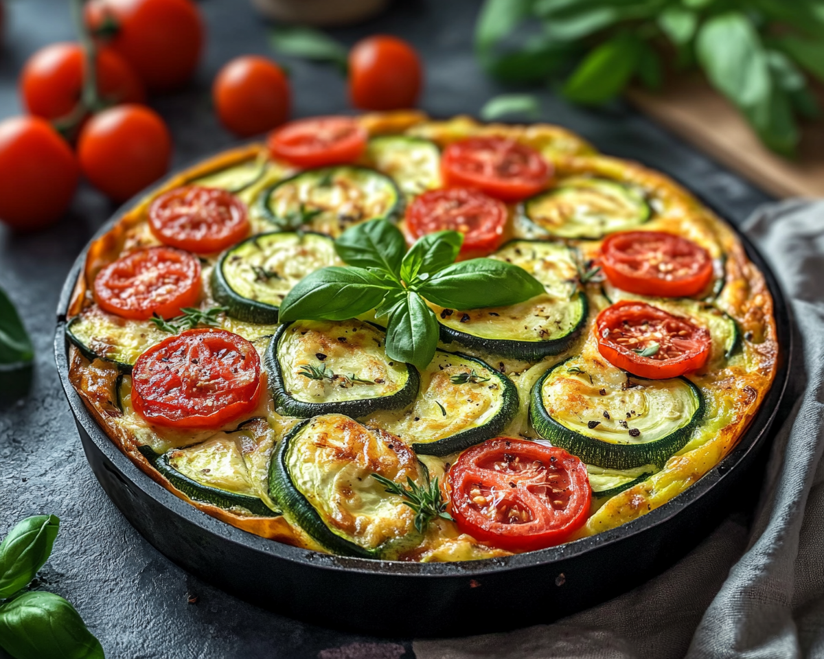 zucchini tomato egg dish, healthy vegetable frittata, baked frittata recipe, tomato and zucchini breakfast, zucchini and egg skillet