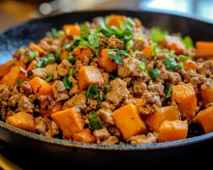 Turkey sweet potato skillet, one-pan turkey dinner, healthy ground turkey recipes, sweet potato skillet meal, quick turkey and potato recipe