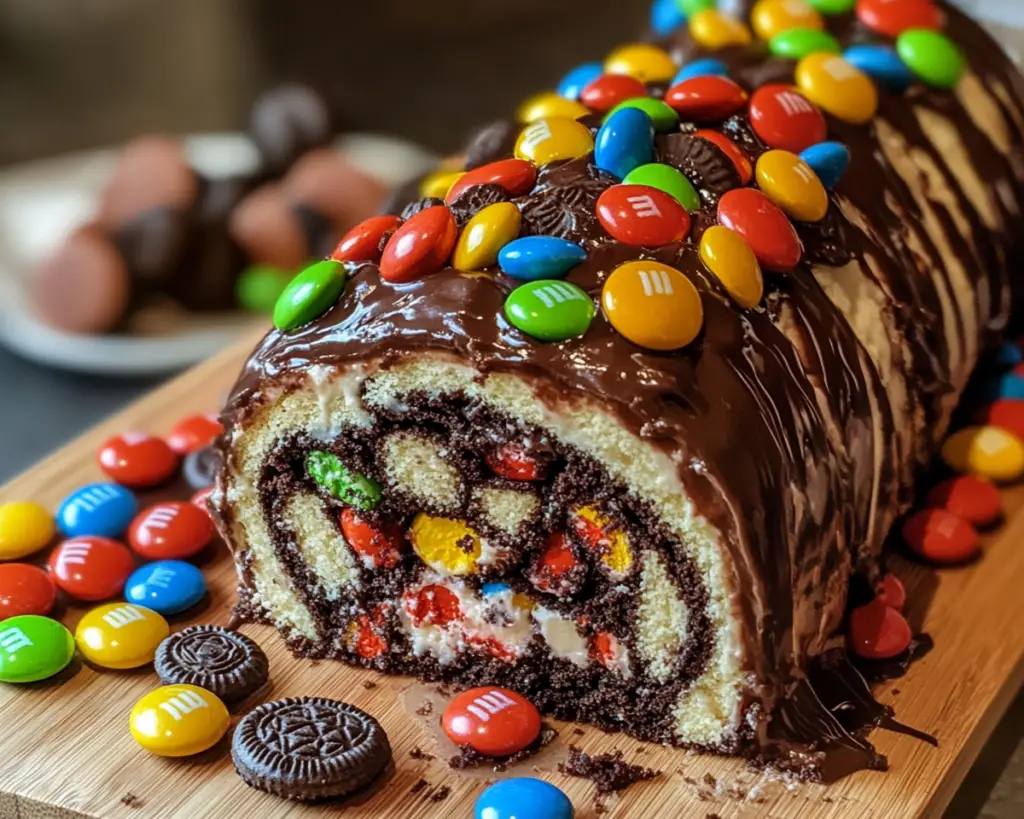 Oreo roll cake recipe, Ferrero Rocher cake, M&M's chocolate roll, chocolate sponge cake with M&M's, creamy roll cake, dessert roll recipes