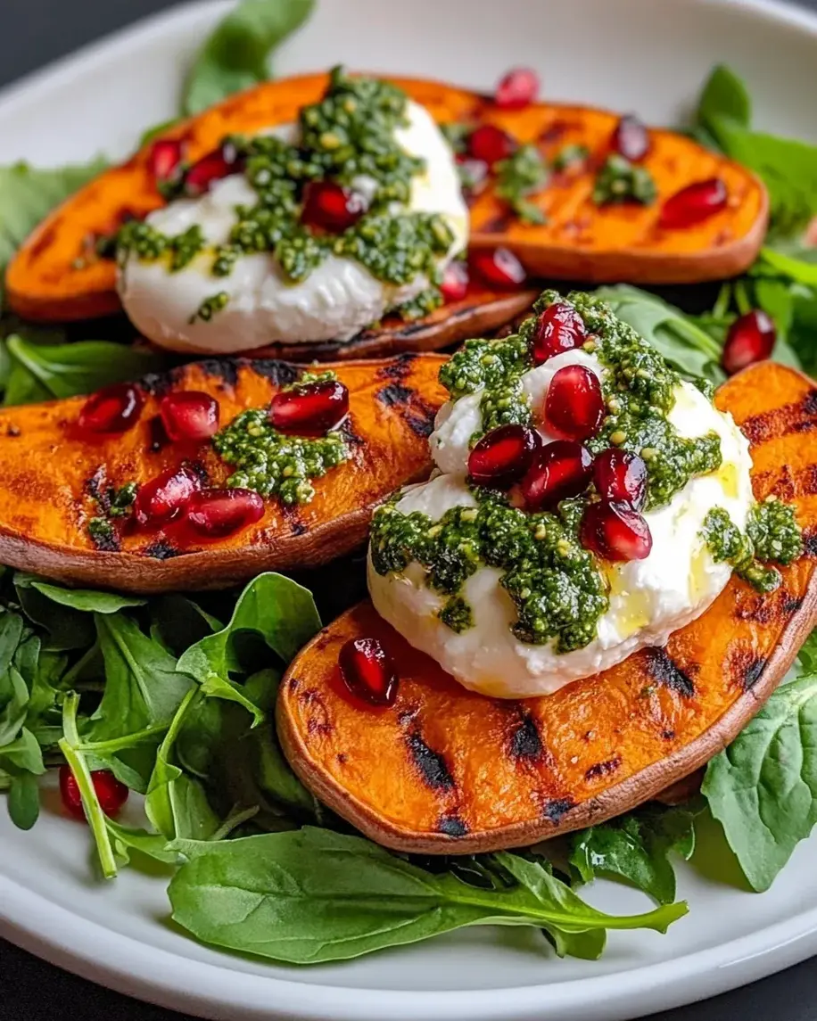 Grilled Sweet Potato and Burrata Salad with Pomegranate and Pumpkin Seed Pesto