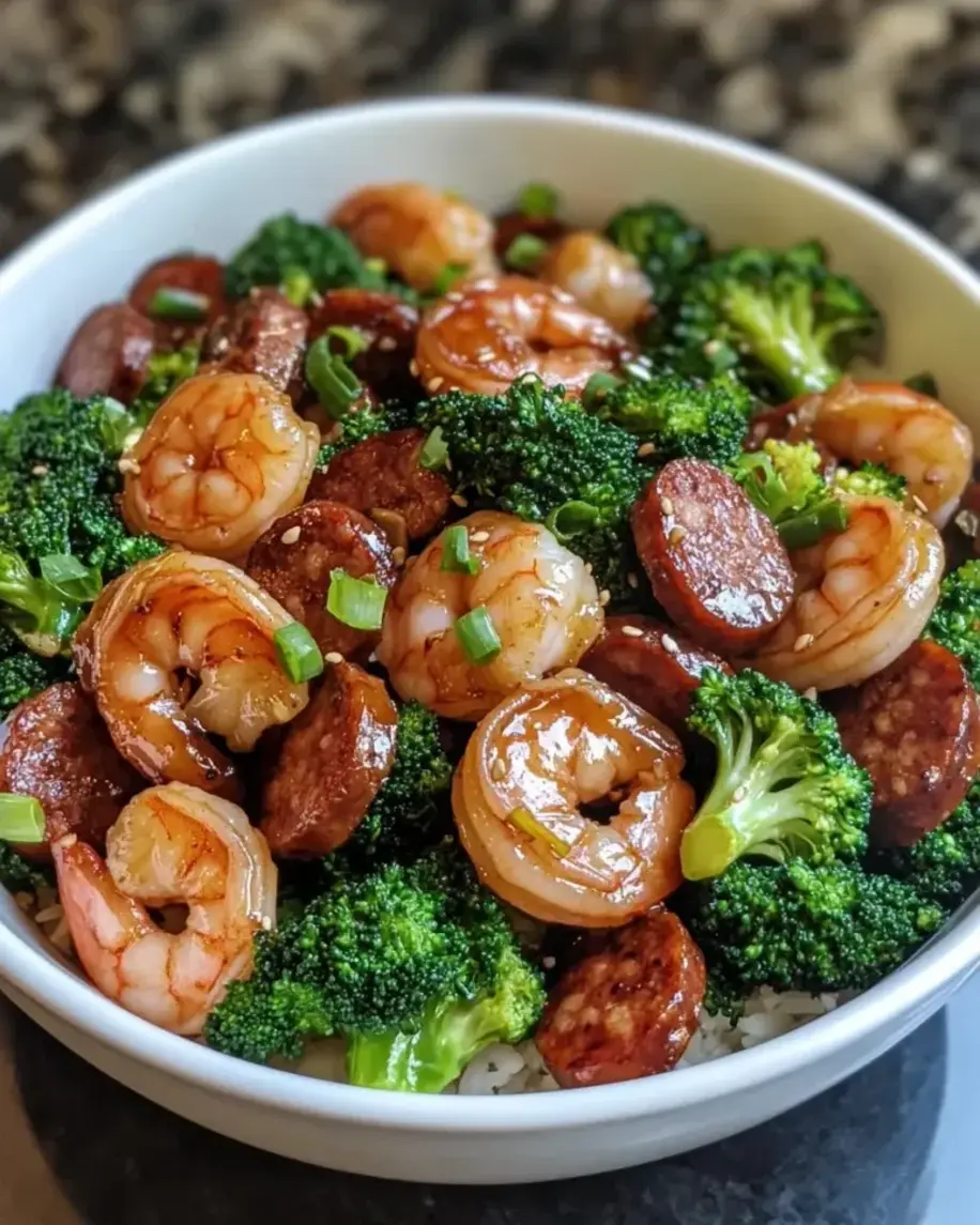 Close-up of the finished Honey Garlic Shrimp, Sausage, and Broccoli dish, garnished with sesame seeds and green onions.