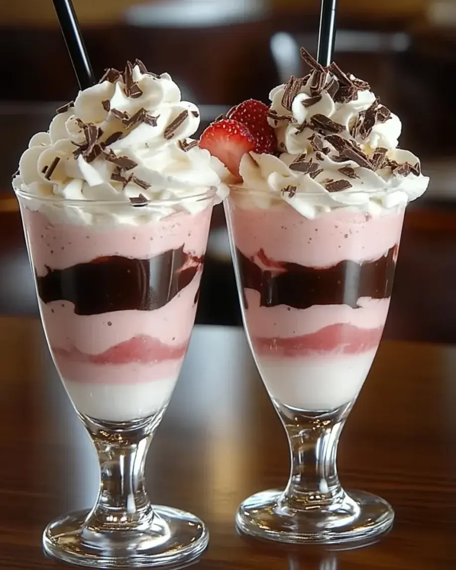 Close-up of the pink and white swirl boozy milkshake, showing the creamy texture and intricate swirls inside the glass.