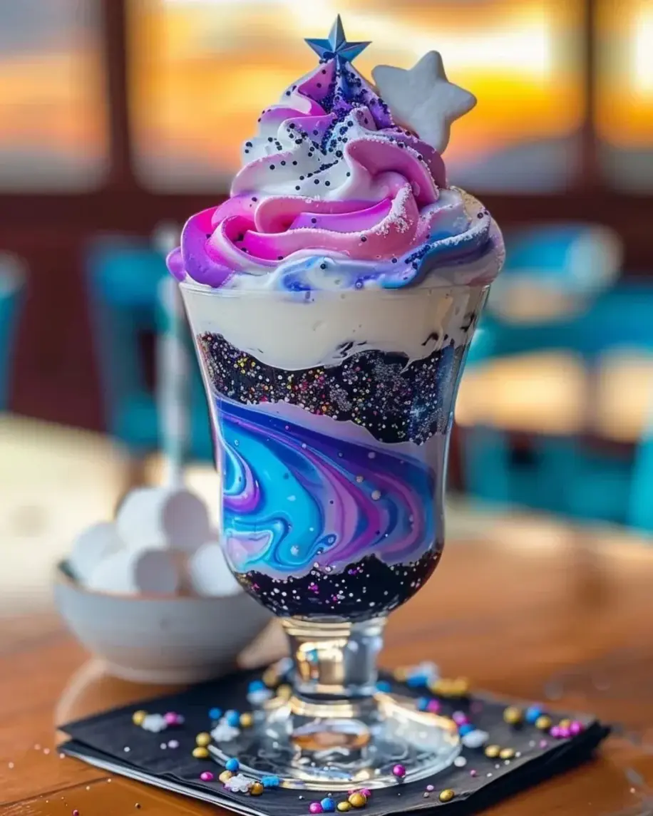 Close-up of a galaxy swirl freakshake glass with colorful layers and intricate toppings.