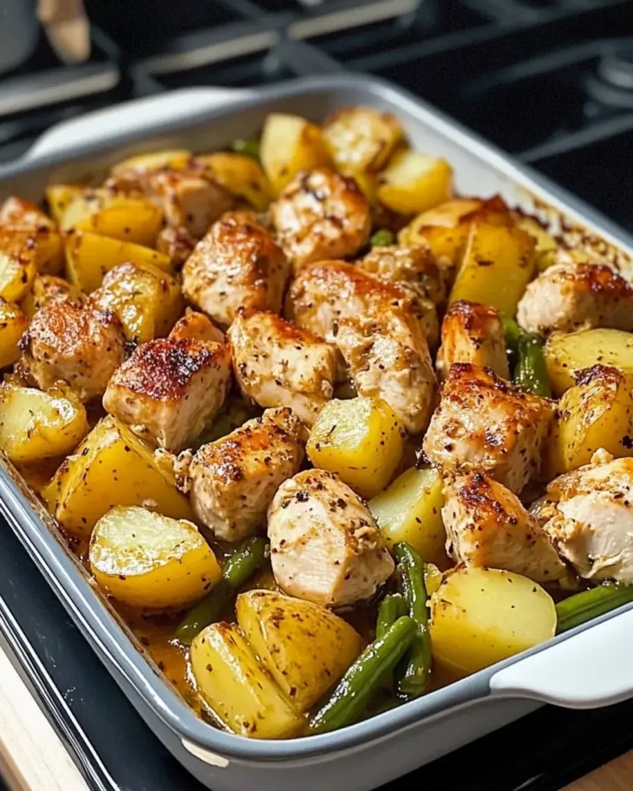 Close-up of chicken and potato bake, showing tender chicken and roasted potatoes