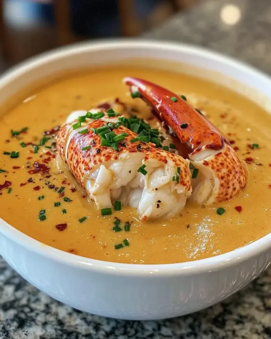 A close-up shot of creamy lobster bisque in a bowl, garnished with fresh dill and a lemon wedge.