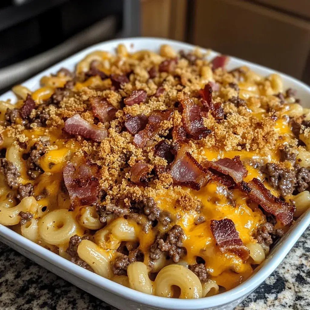 Close-up of a serving of BBQ Bacon Cheeseburger Casserole with melted cheese.