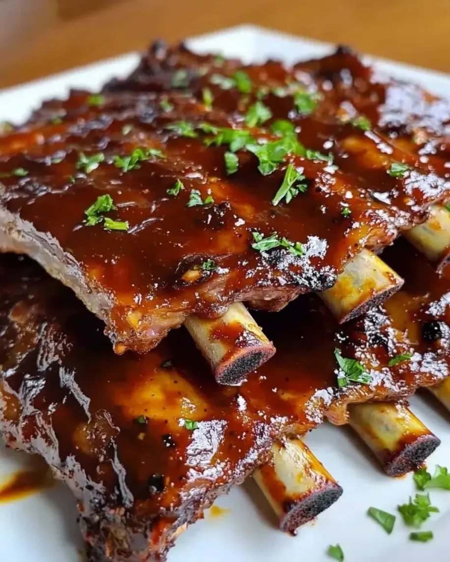 A platter of sticky BBQ ribs cut into individual portions, ready to be served with a side of coleslaw.