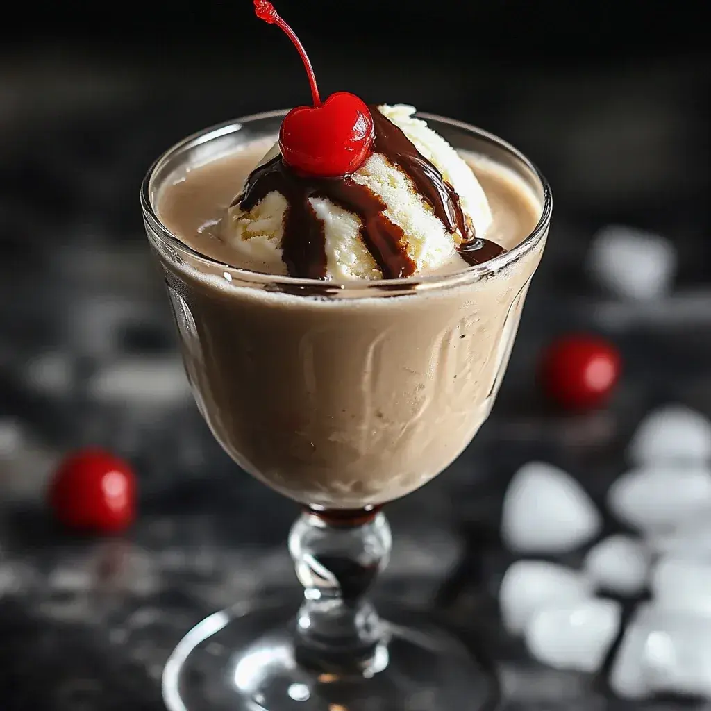 Close-up of a boozy ice cream cocktail, showing the creamy texture and garnish.