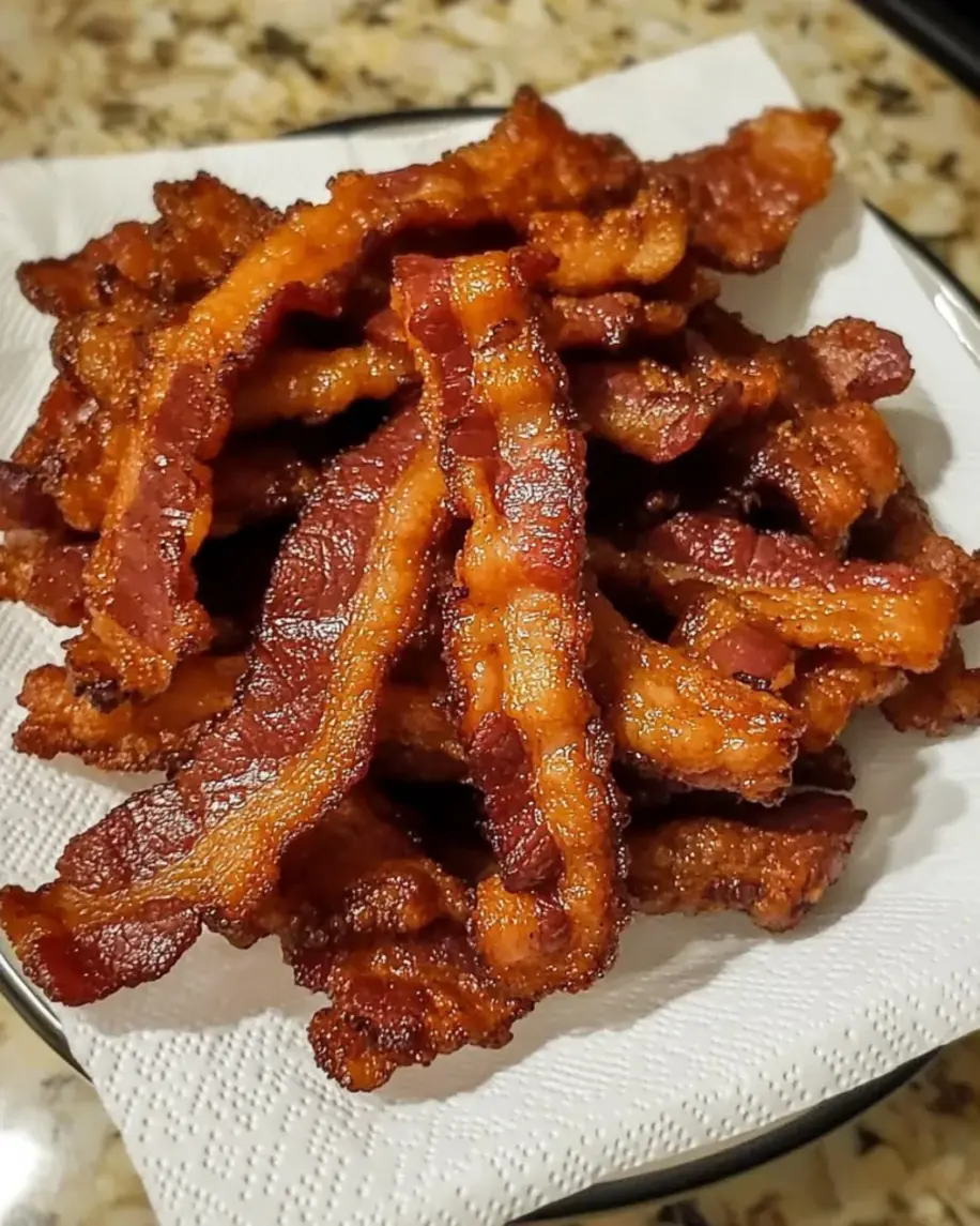Close-up of golden brown, crispy bacon strips arranged on a wire rack over a baking sheet.