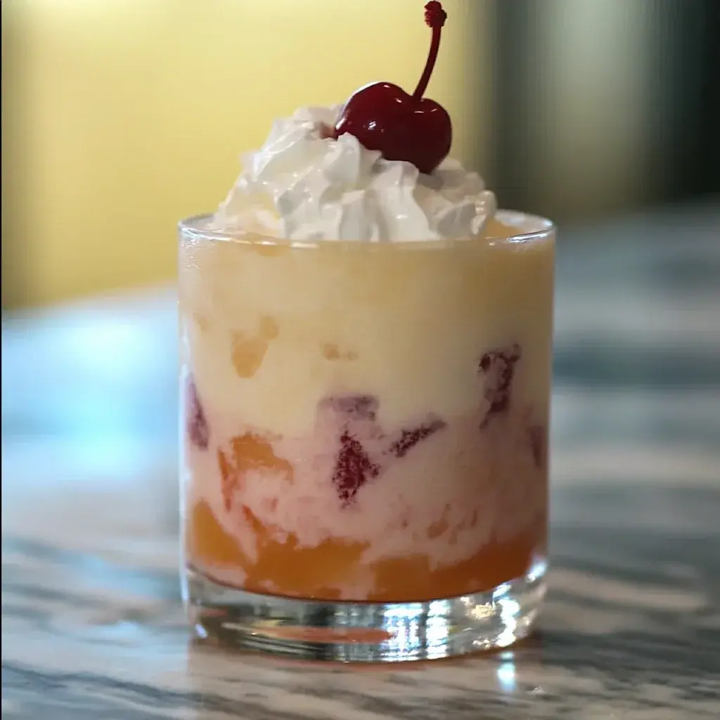 Ingredients for a Peaches & Cream Cocktail laid out, including peach schnapps, vodka, cream, and garnishes.