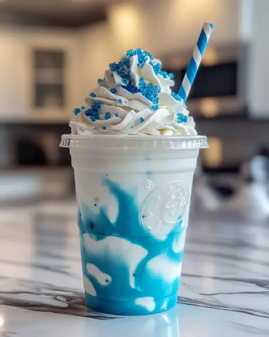 A vibrant blue raspberry swirl within a creamy vanilla bean frappuccino before serving.
