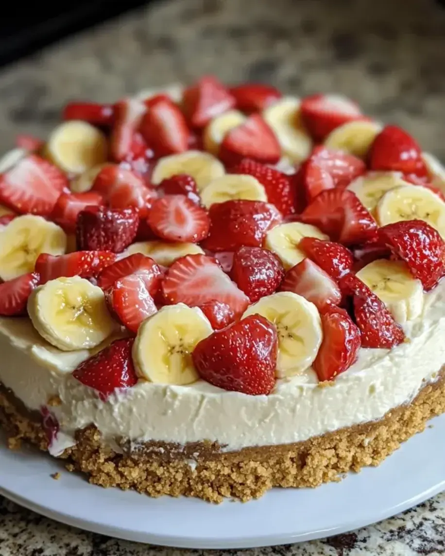 A close-up view of a slice of Banana-Strawberry Cheesecake Fantasy, showing the creamy texture and fruit swirls.