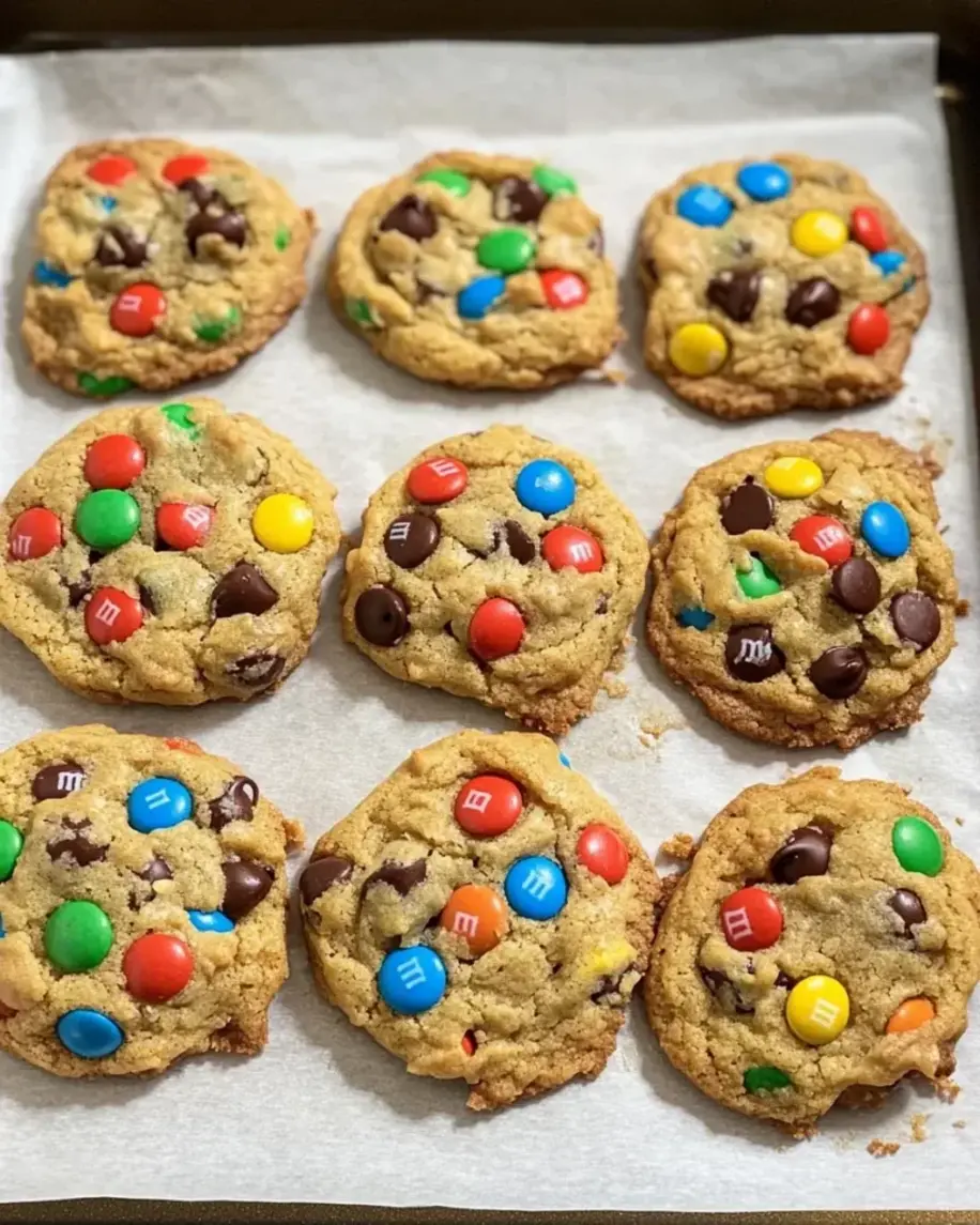 Close-up of a soft batch monster cookie, showing texture and mix-ins.