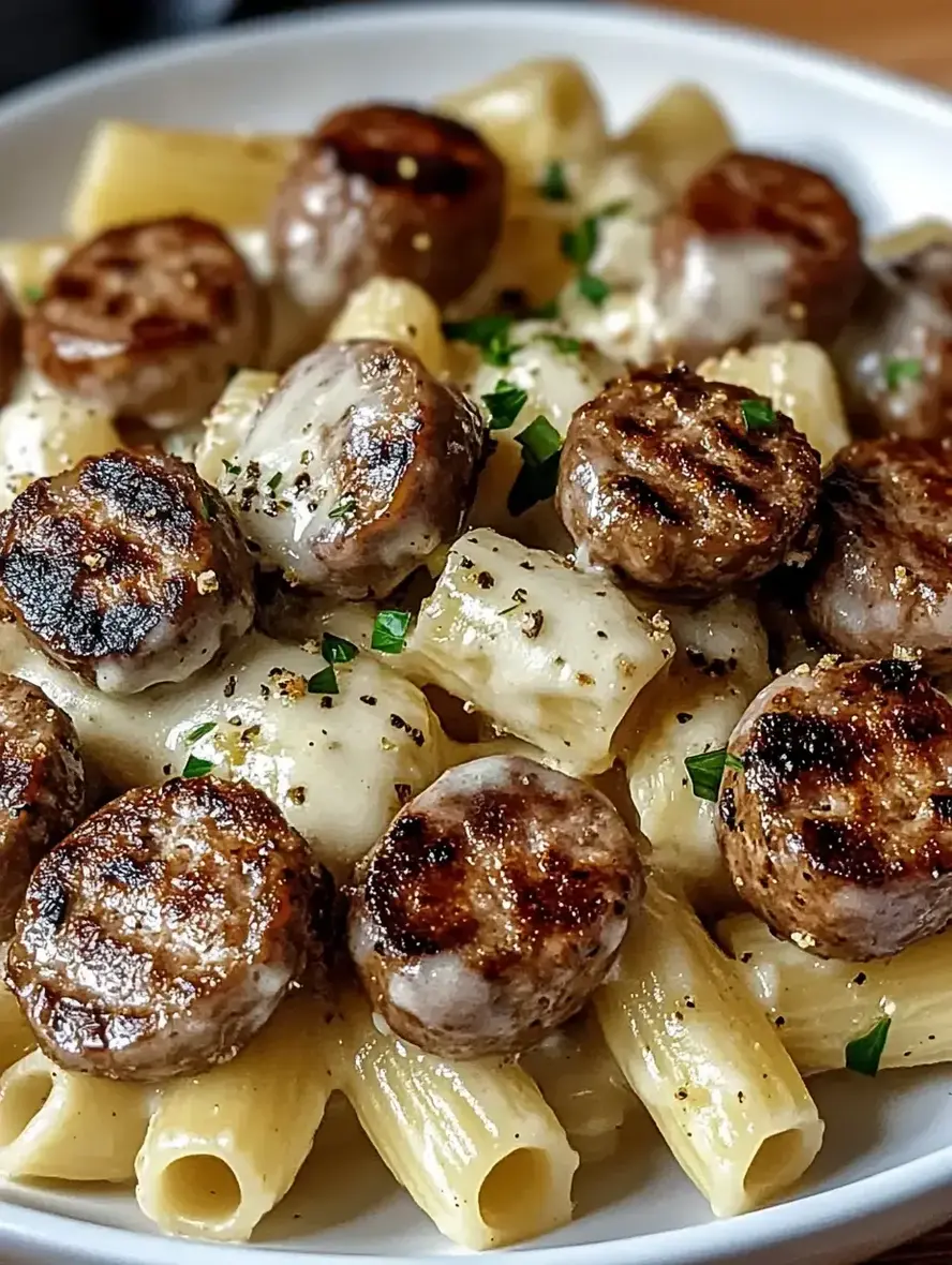 GARLIC BUTTER SAUSAGE BITES WITH CREAMY PARMESAN PASTA