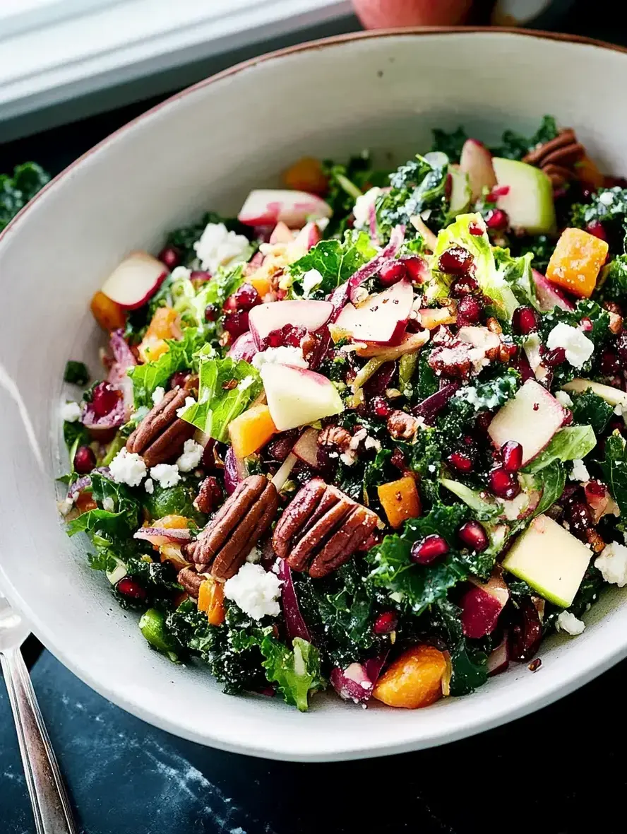 Colorful Winter Salad with kale, roasted squash, apples, pecans, and goat cheese
