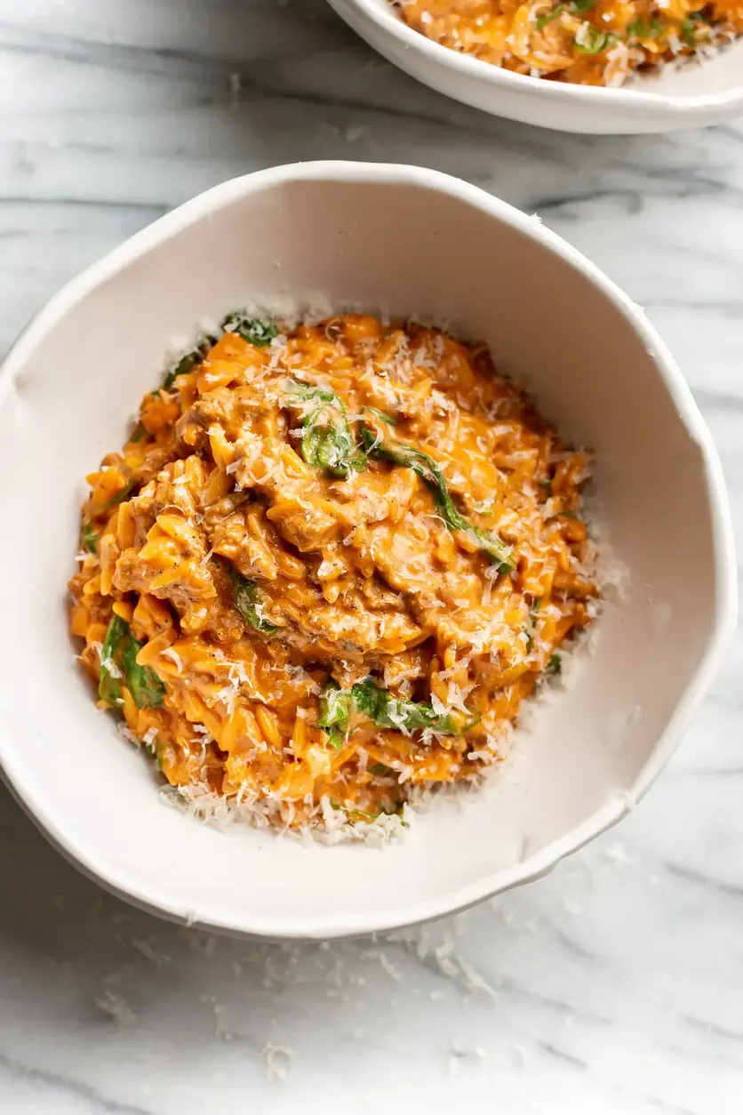 One Pot Ground Beef Orzo with Tomato Cream Sauce