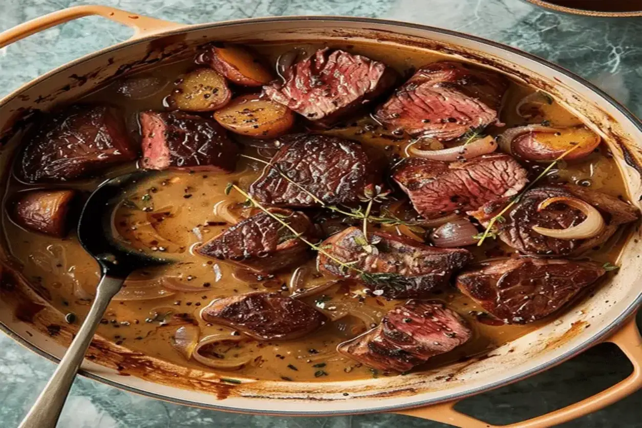 Peppercorn Crusted Steak Recipe with Golden Shallot Soup