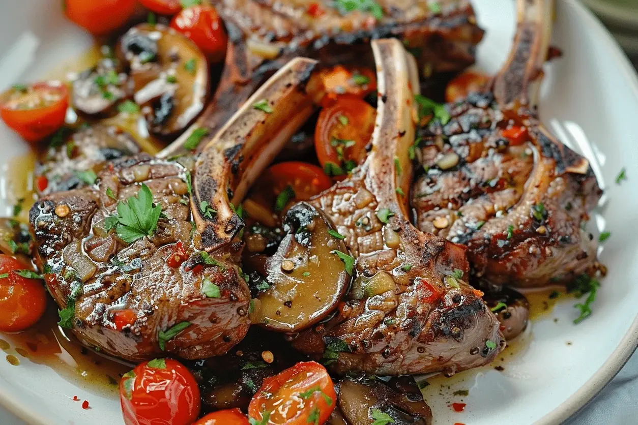 Marinated Greek Lamb Chops with Mushrooms and Tomatoes Recipe